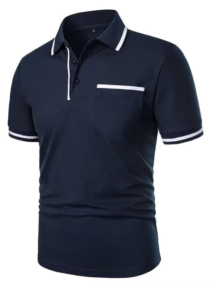 Classic men's wear: short sleeve polo shirt with chest pocket, comfortable and versatile for fashion.