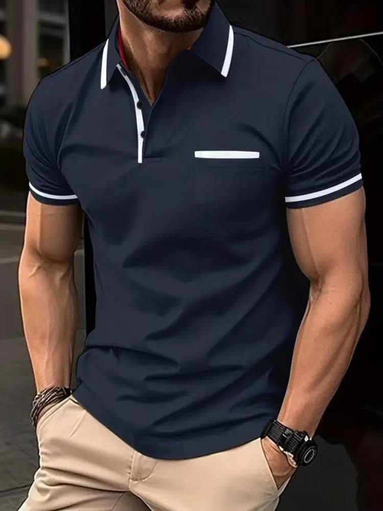 Men's summer short sleeve polo shirt, versatile casual wear with chest pocket and classic fit.