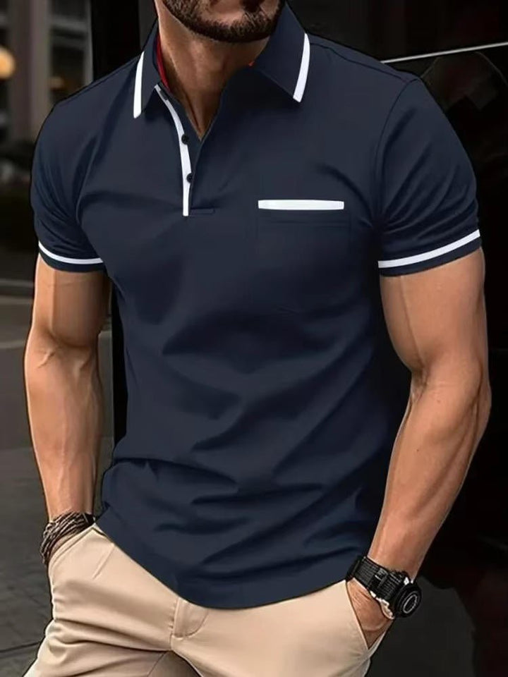 Men's summer short sleeve polo shirt, versatile casual wear with chest pocket and classic fit.