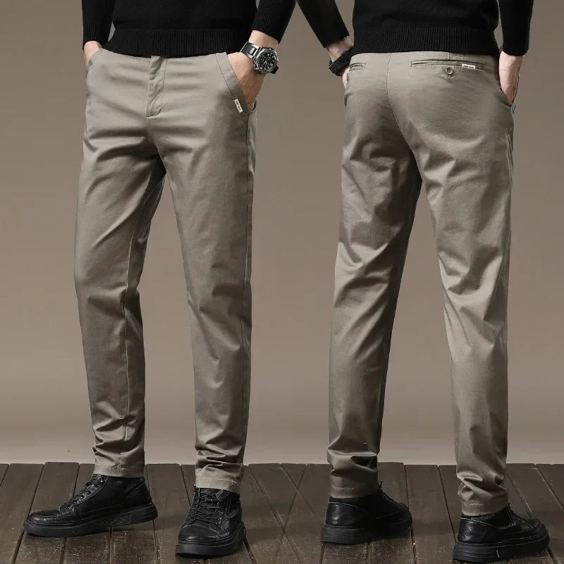 Versatile men's slim fit pants, blending dress pant elegance with casual wear comfort.