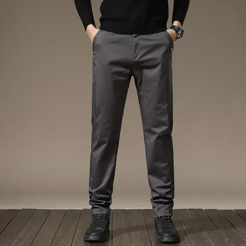 Close-up of men's versatile slim fit pants fabric, highlighting quality and tailored finish.