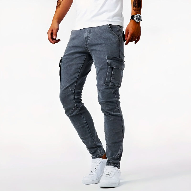 Men's versatile stretch cargo trousers, perfect for casual wear. Comfortable modern pants with practical pockets.