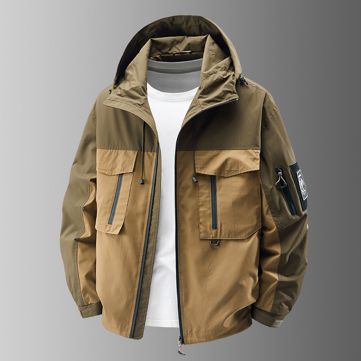 Rugged men's outdoor gear: weather-resistant tactical jacket with secure pockets, durable outerwear for adventure.