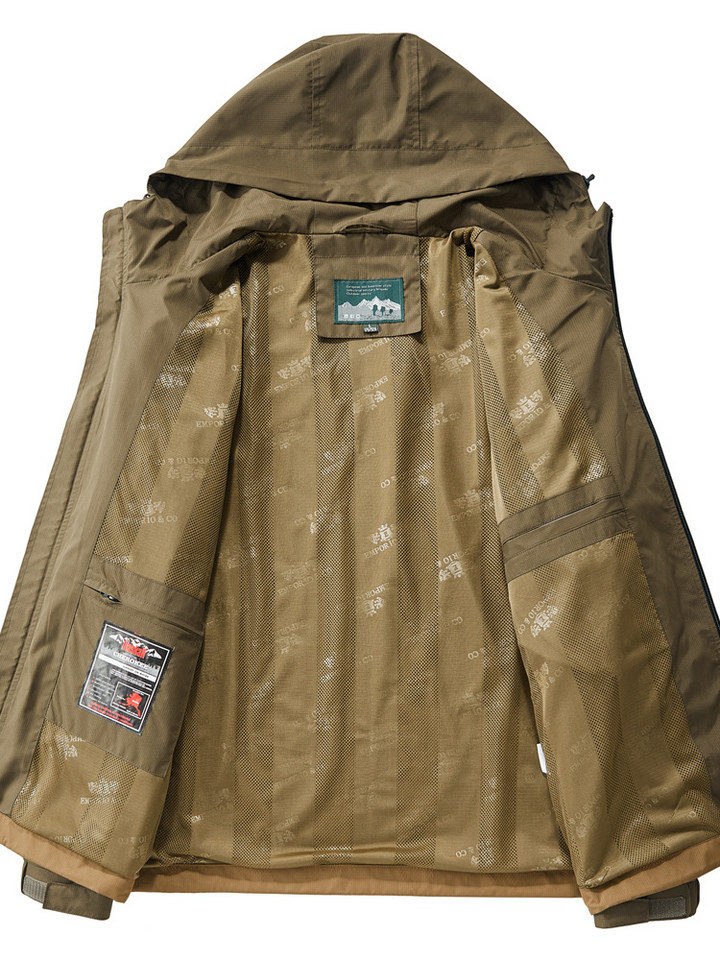 Men's durable fall/spring jacket. Multi-pocket utility design, weather-resistant for outdoor and everyday wear.