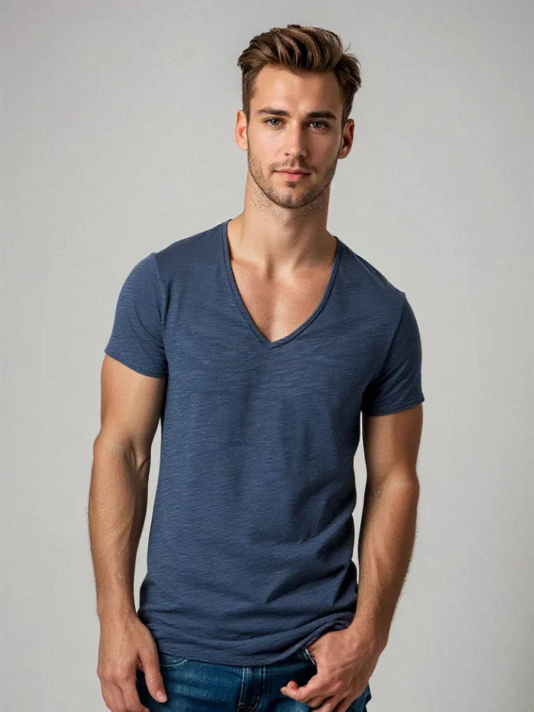 Men's versatile V-neck t-shirt in a relaxed fit, perfect for casual everyday wear and layering.