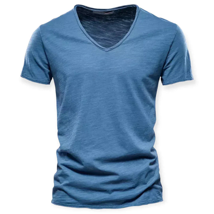 Breathable short-sleeve men's V-neck tee in a solid color, ideal for summer comfort and style.