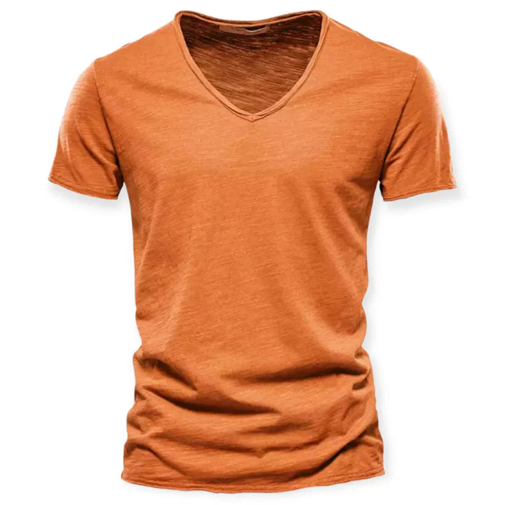 Soft men's V-neck t-shirt in a solid color, offering a comfortable and versatile everyday basic.
