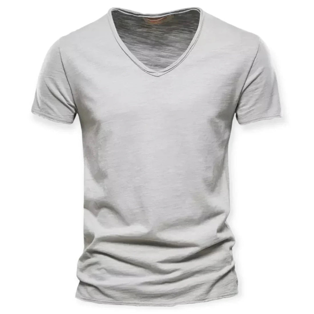 Breathable short-sleeve men's V-neck t-shirt, solid color, perfect for summer casual wear.