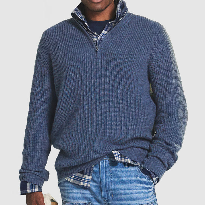Men's versatile zip neck sweater, ideal for business casual or elegant fall/winter outfits. Sophisticated & comfortable.