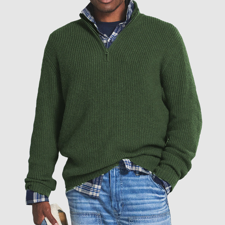 Comfortable men's long sleeve zip neck sweater. Elegant knitwear for versatile business casual or fall/winter fashion.