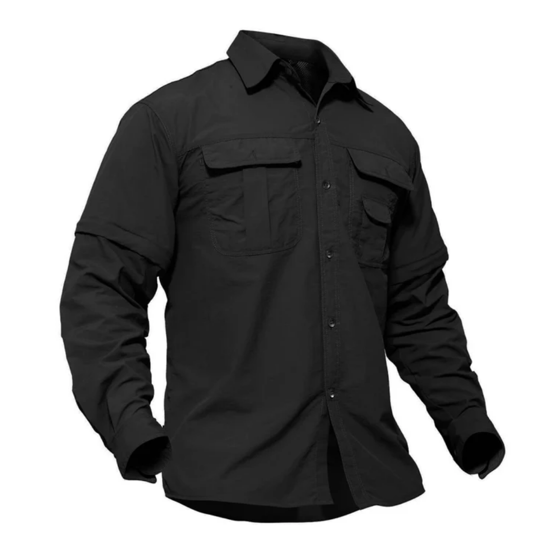 Men's hiking & camping zip-off shirt. Convertible sleeves offer sun protection for outdoor activities.
