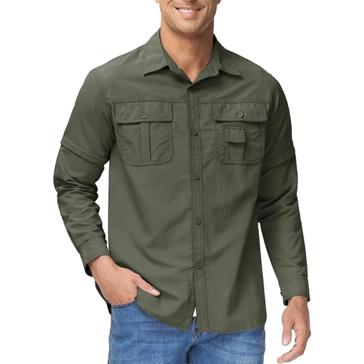 Men's safari zip-off adventure shirt. Quick-dry, sun protection. Ideal for diverse outdoor exploration.