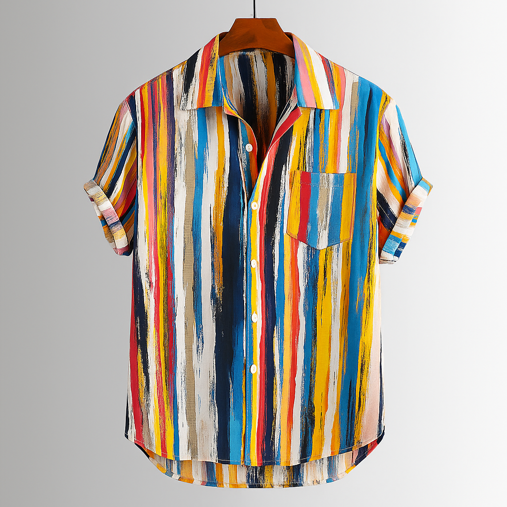 Men's vibrant abstract print shirt for summer comfort. Quick-dry, stylish casual wear.