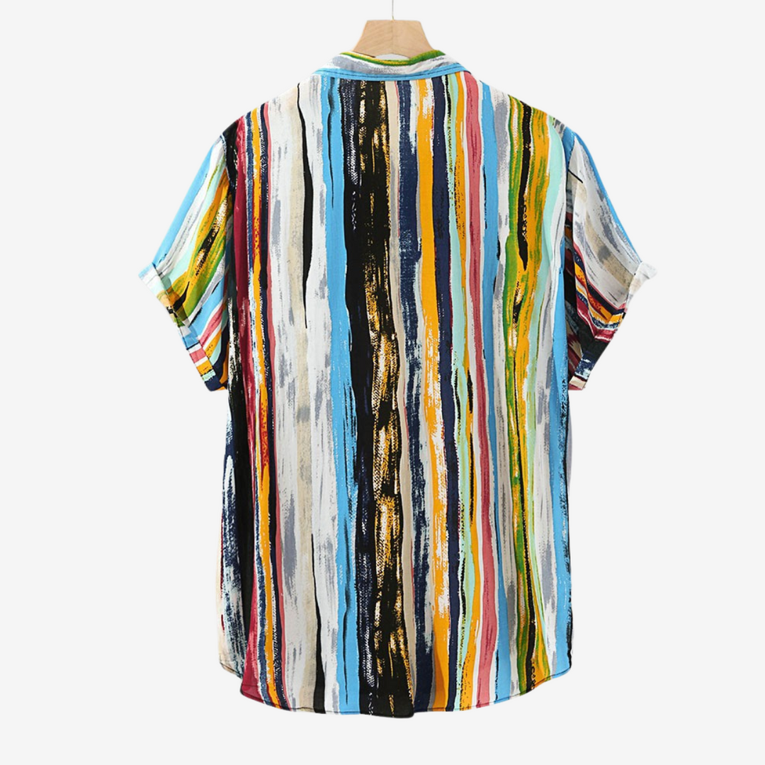 Stylish men's vibrant abstract print shirt, ideal for beachwear, holidays & summer fashion.