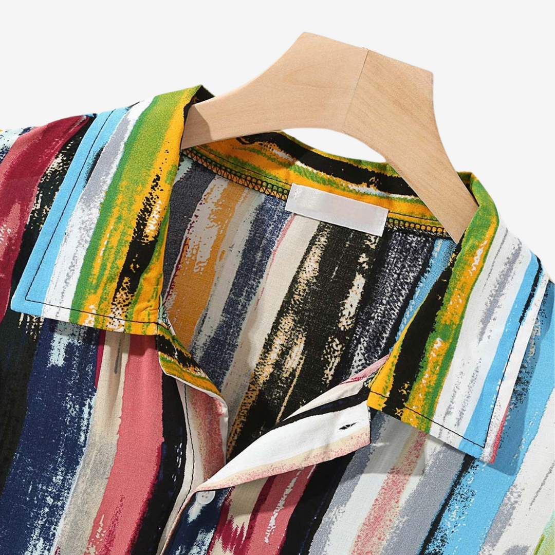 Artistic abstract print men's shirt, vibrant and unique, great for a stand-out summer casual outfit.