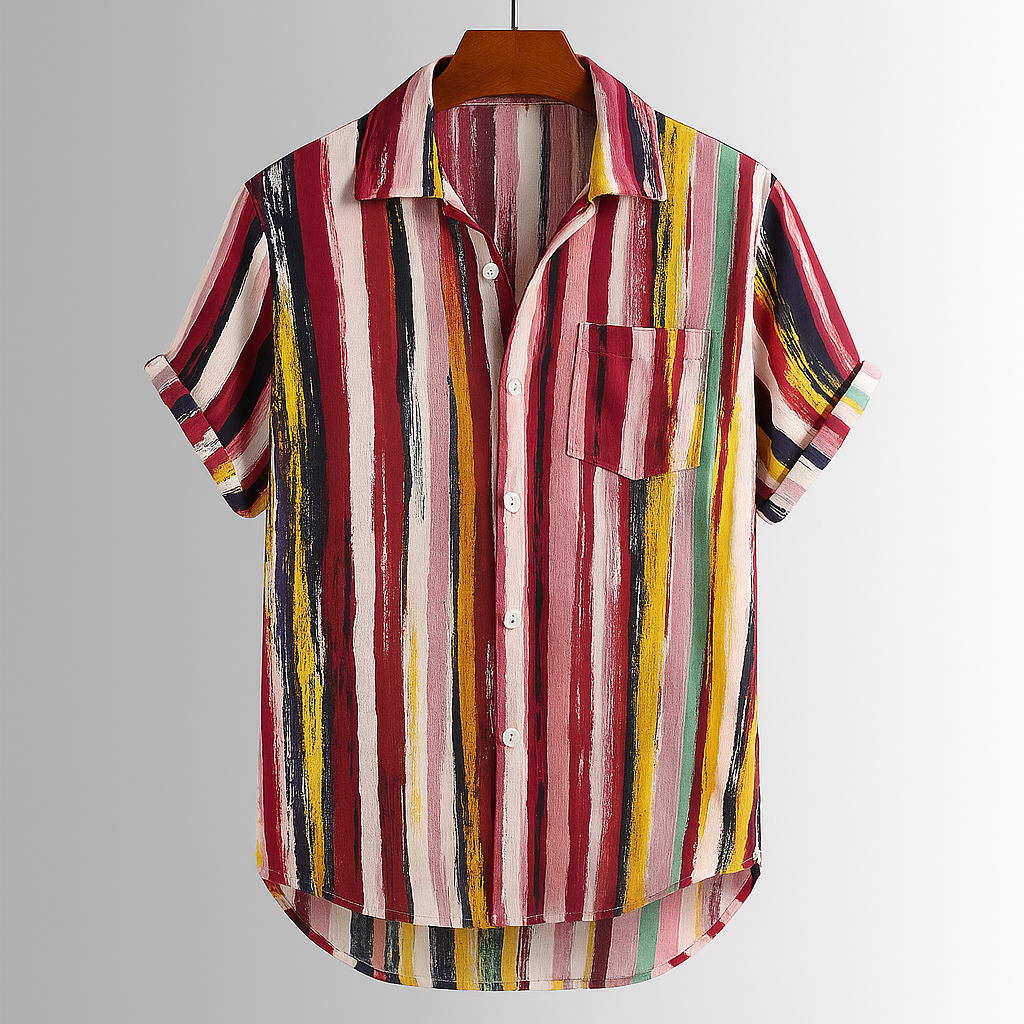 Unique men's vibrant abstract print fashion shirt, a stylish choice for summer parties & casual events.