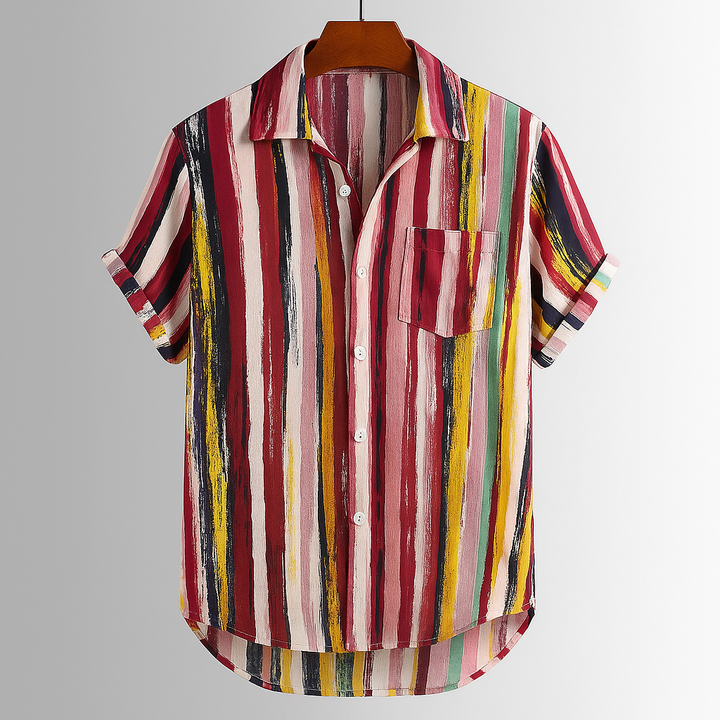 Unique men's vibrant abstract print fashion shirt, a stylish choice for summer parties & casual events.