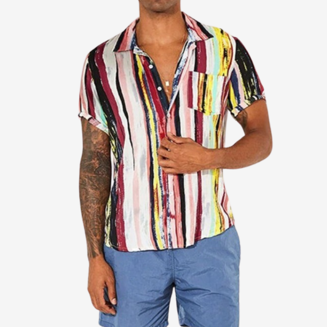 Casual men's vibrant abstract print shirt, a stylish and comfortable option for summer & everyday wear.