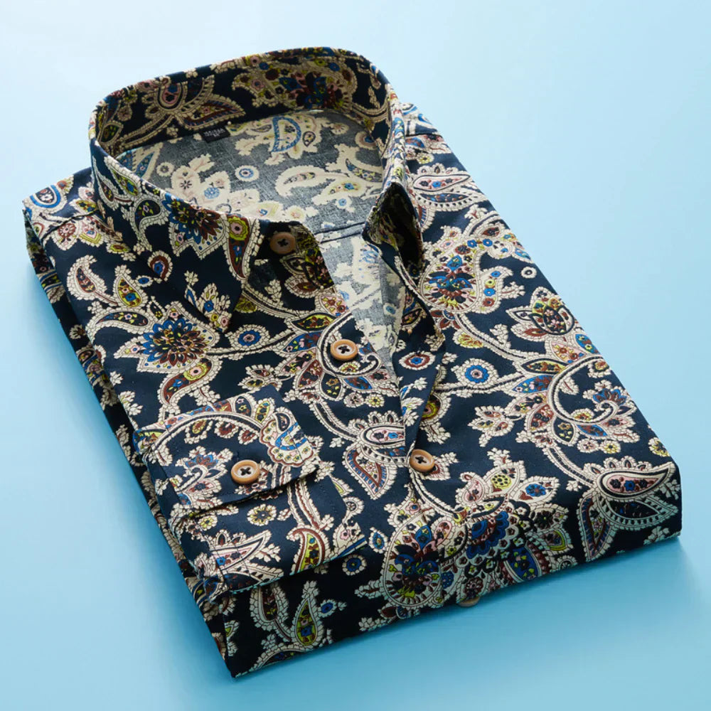 Close-up of a men's stylish short sleeve floral shirt featuring a bright, intricate flower pattern.