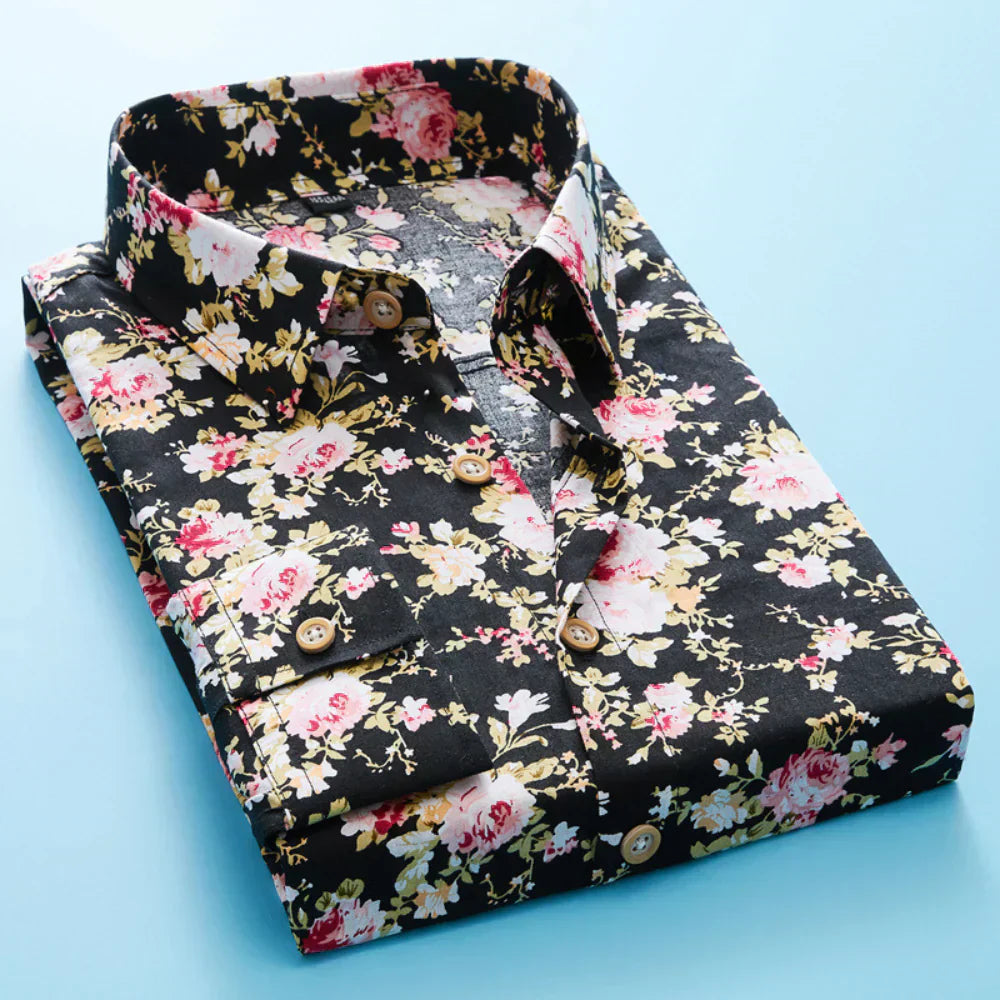 Regular fit men's casual short sleeve shirt featuring a bold, colorful floral print for stylish summer looks.