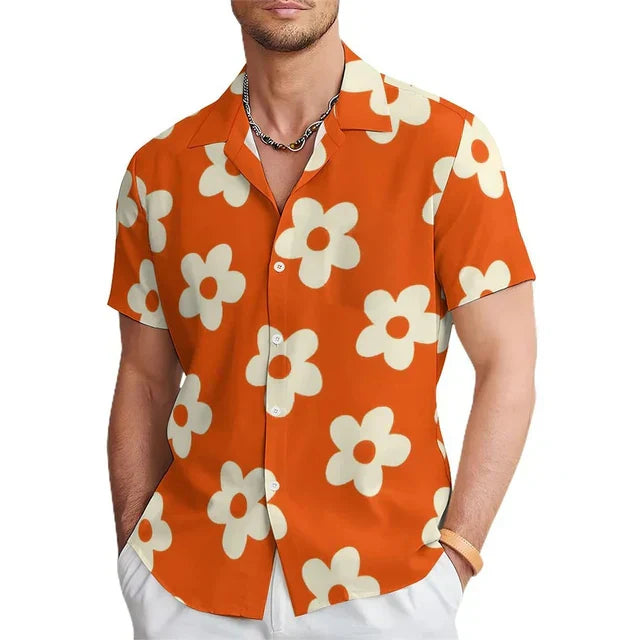 Stylish men's short-sleeve floral print beach shirt with notched collar, ideal for vacation & summer fashion.
