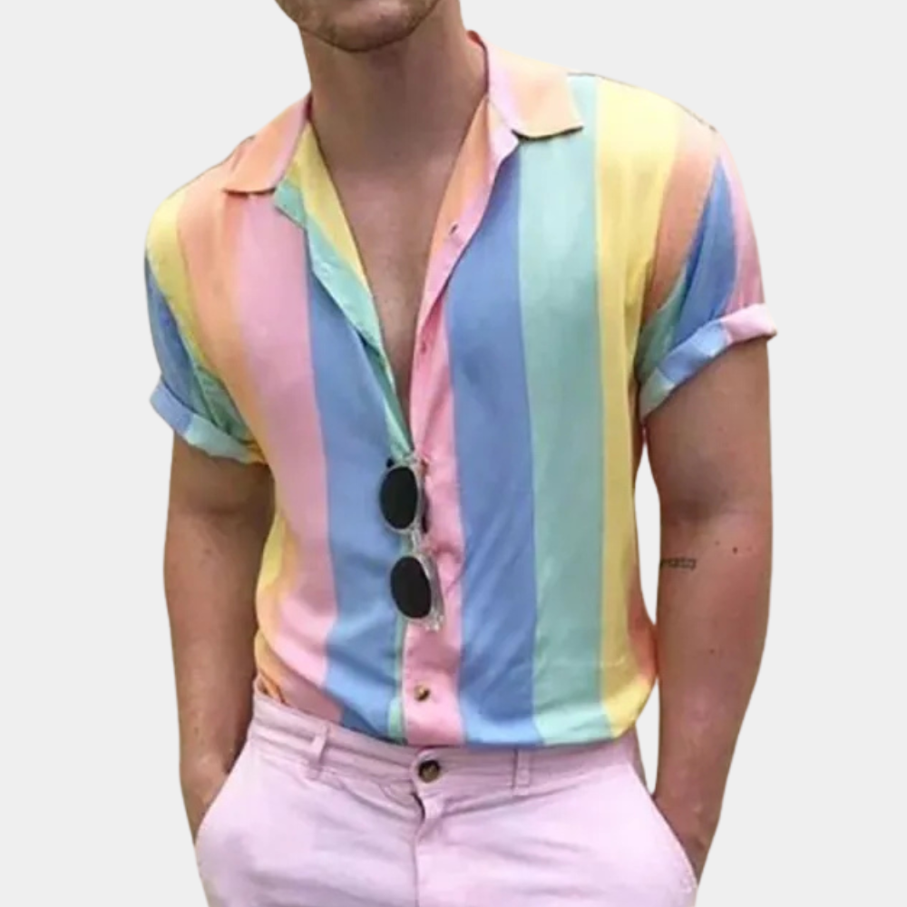 Men's vibrant multicolored striped button-down shirt for stylish summer casual wear.