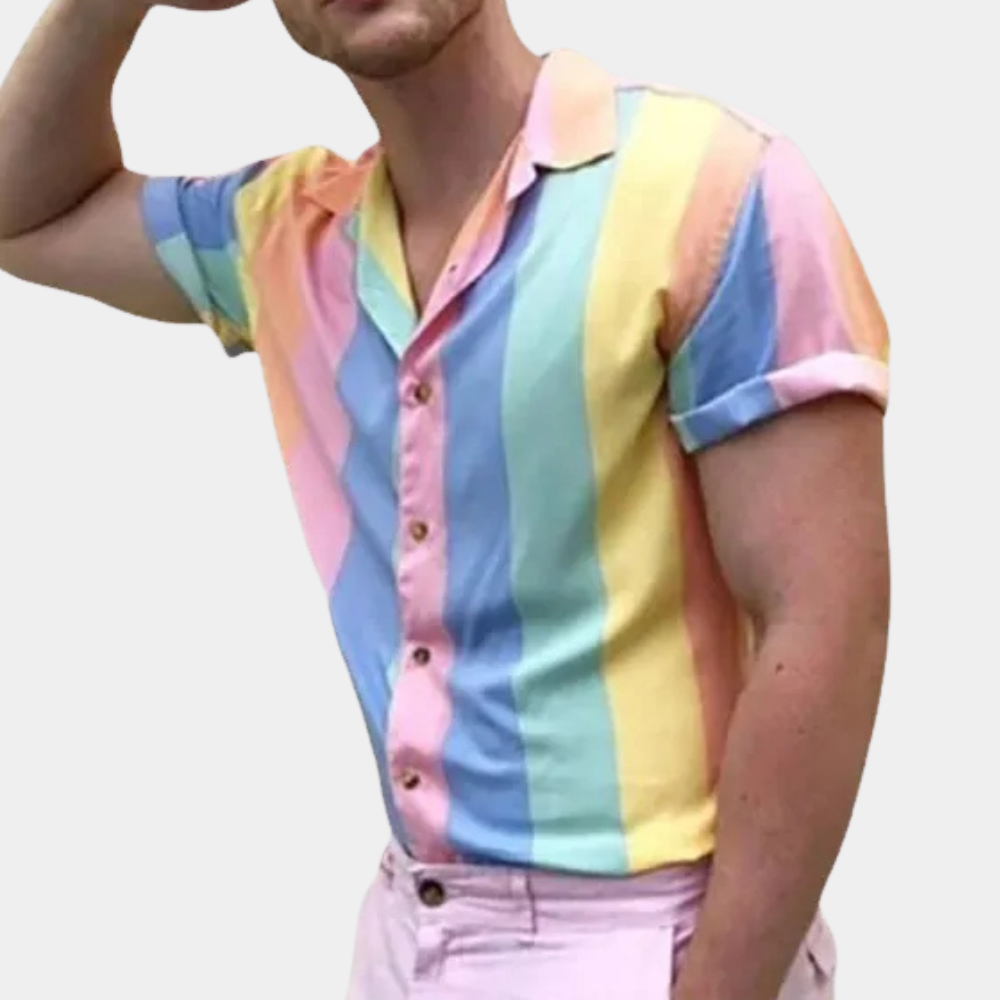 Comfortable men's striped button-down shirt, perfect for casual summer fashion.