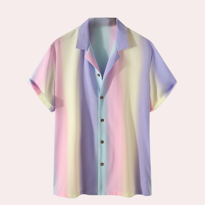 Stylish men's vibrant striped button-down shirt, ideal for a smart casual summer look.