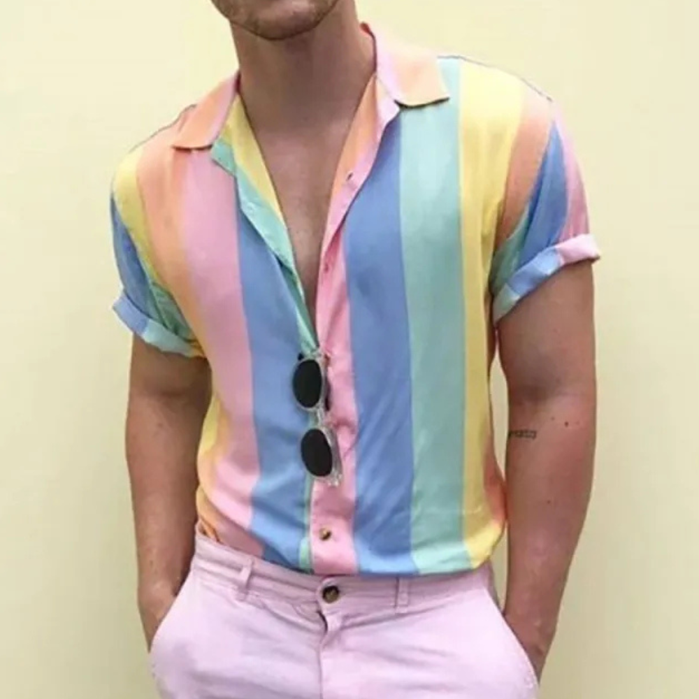 Front view of a men's vibrant striped button-down shirt, showcasing its modern casual design.