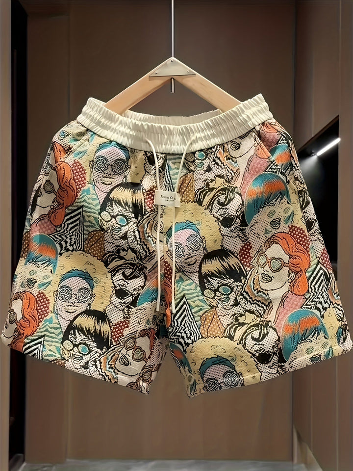 Men's vibrant retro graphic art shorts. Bold pop art print, relaxed fit for unique summer streetwear style.