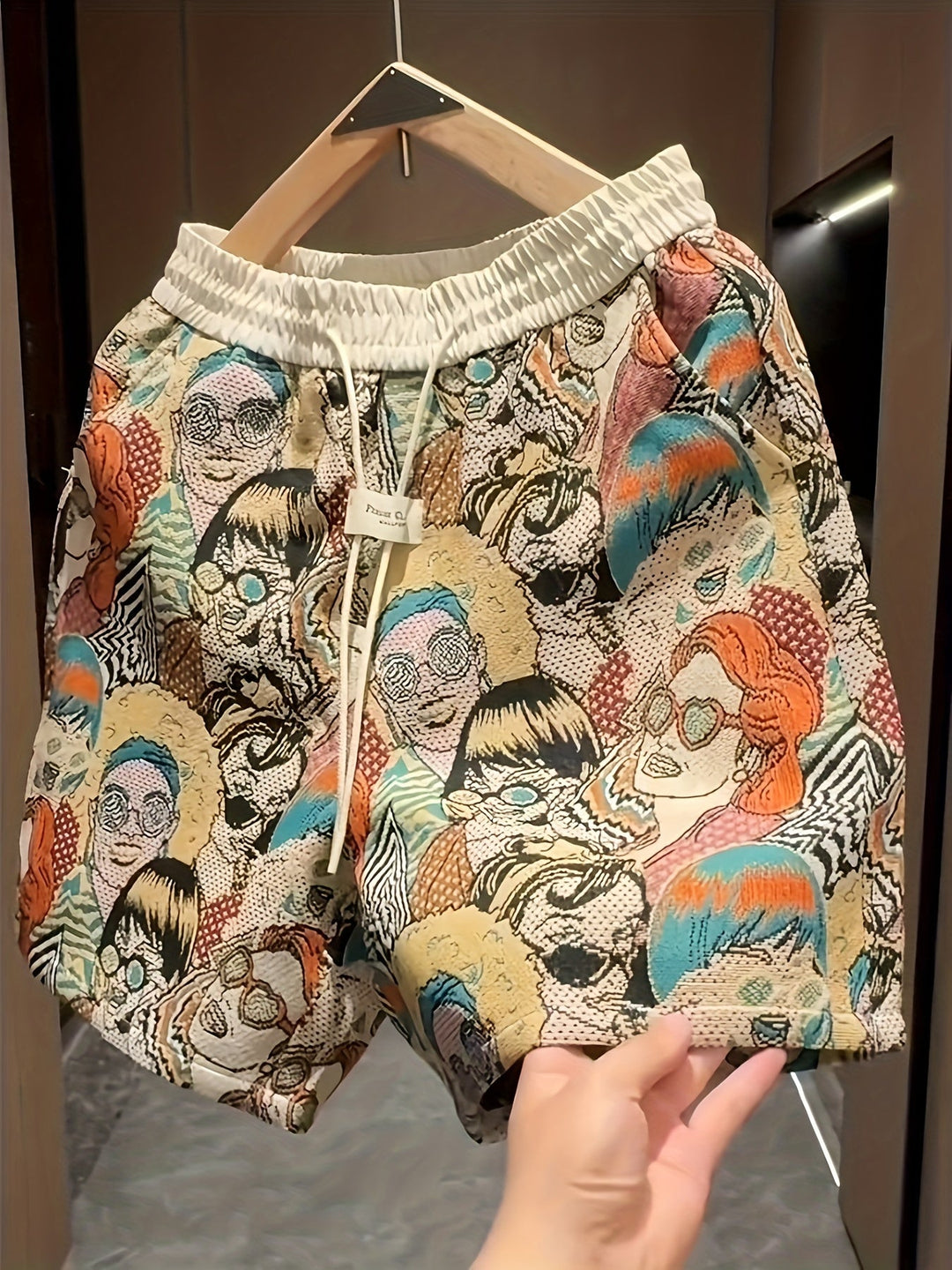 Streetwear men's retro graphic art shorts. Unique vibrant pop art design for a bold statement piece. Easy care fit.