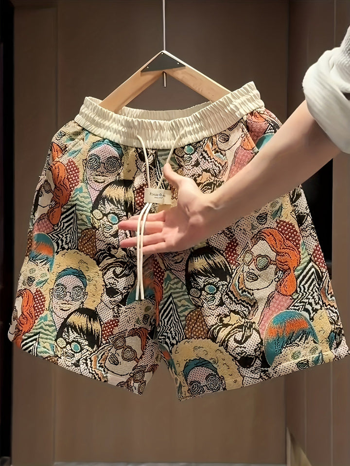 Men's relaxed fit summer shorts featuring a vibrant retro graphic pop art print. Casual, comfortable, and stylish.