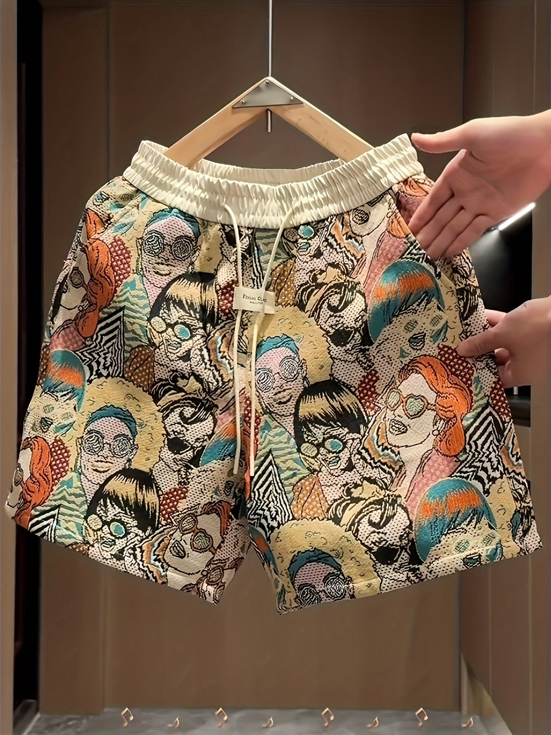 Bold men's fashion retro graphic shorts. Unisex, vibrant pop art prints for a unique, comfortable casual style.
