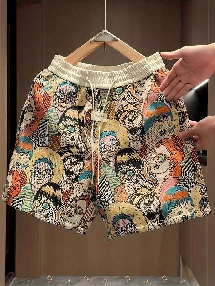 Bold men's fashion retro graphic shorts. Unisex, vibrant pop art prints for a unique, comfortable casual style.
