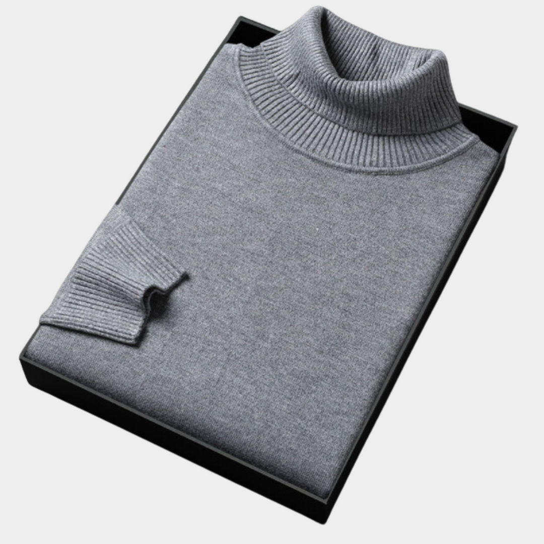 Model wearing a vibrant men's slim-fit turtleneck, showcasing stylish winter fashion.