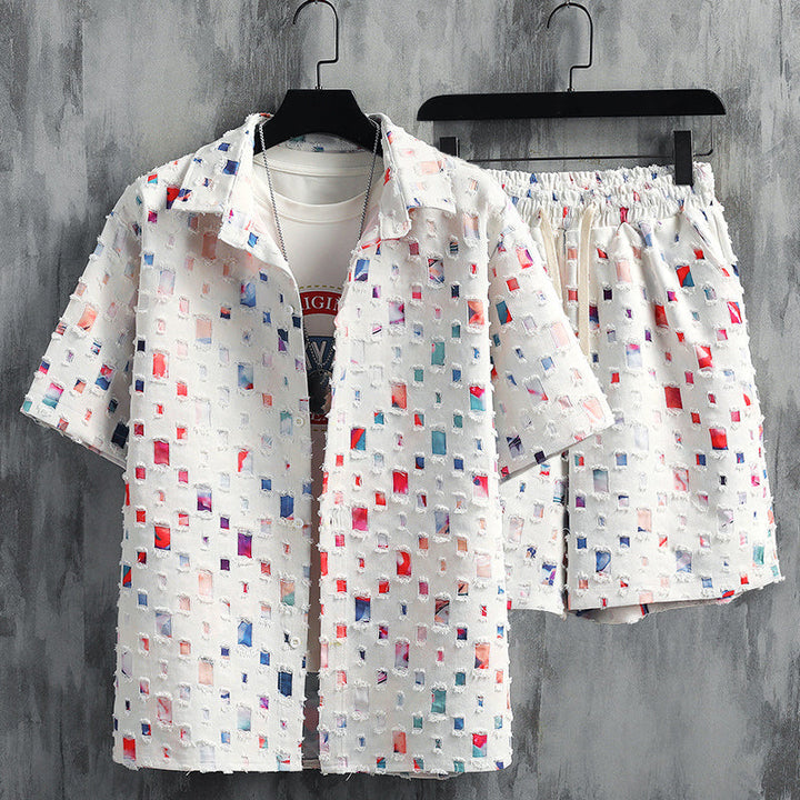 Men's Vibrant Spectrum Two-Piece Leisure Set, comfortable casual wear with frayed details.