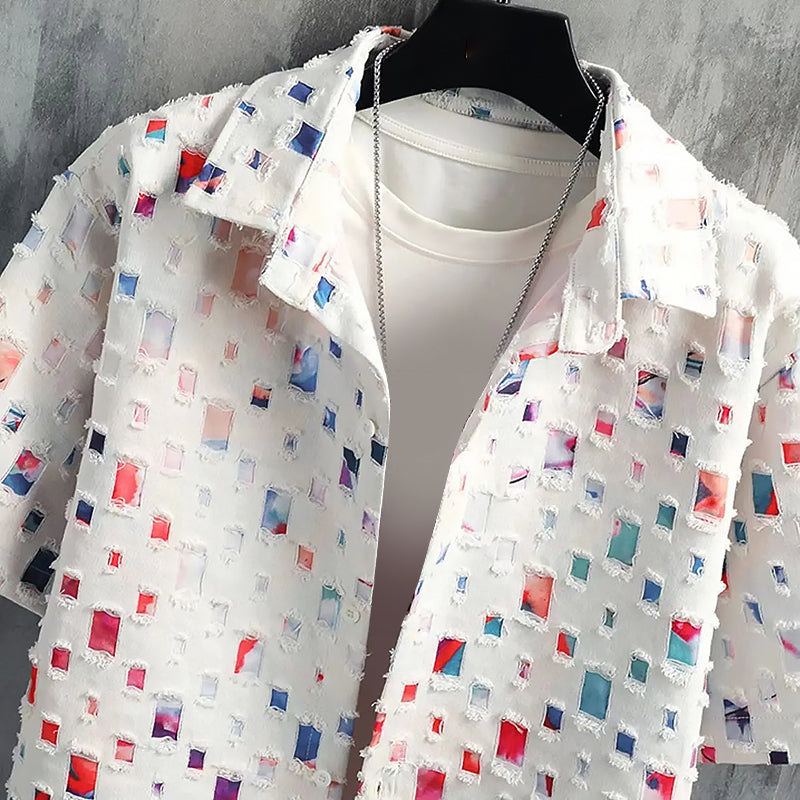 Comfortable men's vibrant two-piece set, featuring a stylish spectrum design and frayed edges.