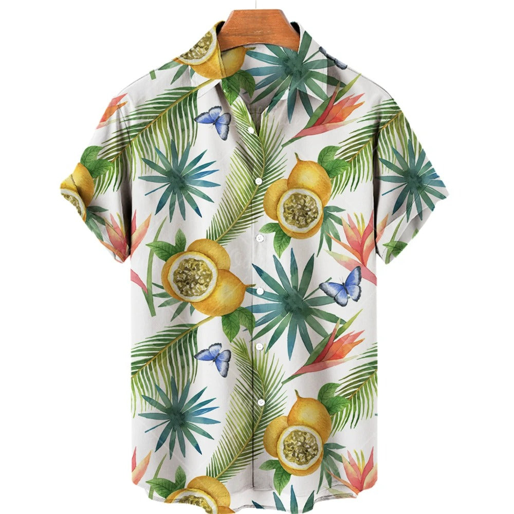 Relaxed fit men's Hawaiian shirt with vibrant tropical print, ideal short sleeve summer casual wear.