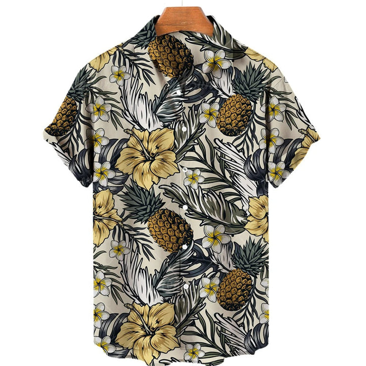 Fashionable men's patterned short sleeve Hawaiian shirt with a vibrant tropical print for summer.