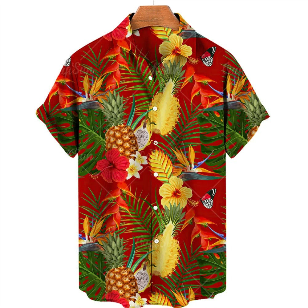 Vibrant tropical print men's short sleeve Hawaiian shirt, great for summer fashion and beachwear.