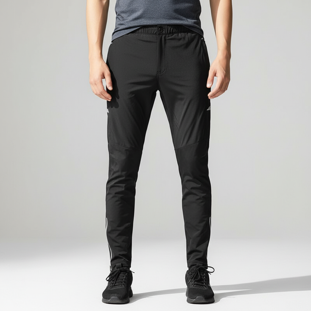 Close-up of men's athletic compression pants, black Victor jogging trousers with elastic waist