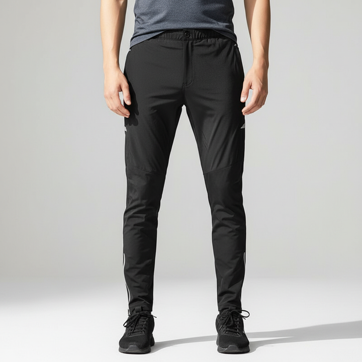Close-up of men's athletic compression pants, black Victor jogging trousers with elastic waist