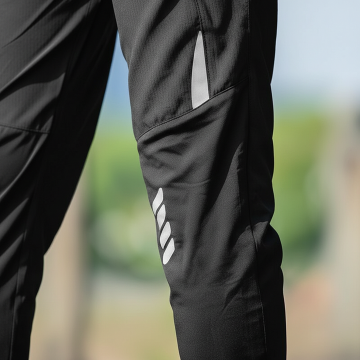 Performance men's activewear compression pants, black cycling wear with reflective safety elements