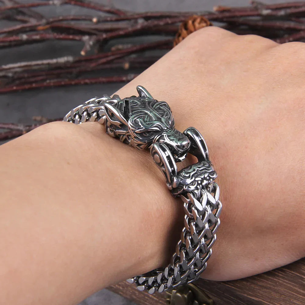 Men's Viking Hunter Bracelet with unique Nordic warrior design in antique silver stainless steel.