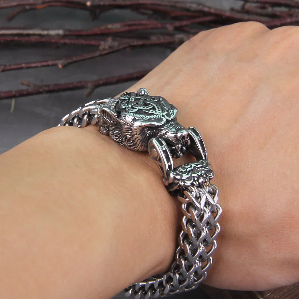 Durable stainless steel Viking Hunter Bracelet, finished in antique silver, showcasing Nordic warrior design.