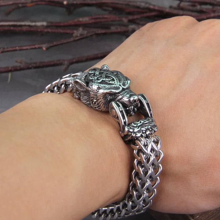 Durable stainless steel Viking Hunter Bracelet, finished in antique silver, showcasing Nordic warrior design.