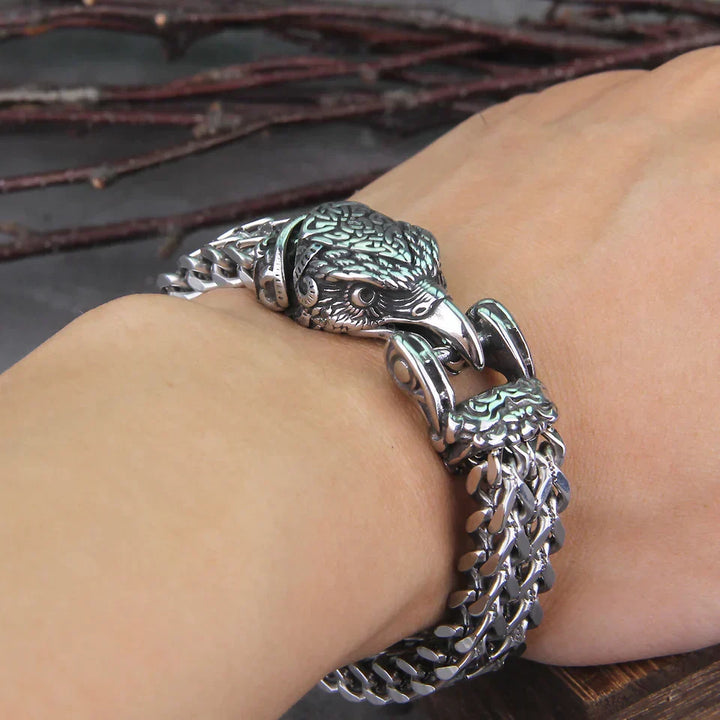 Close-up of Men's Viking Hunter Bracelet, intricate Nordic warrior & animal spirit design in antique silver.