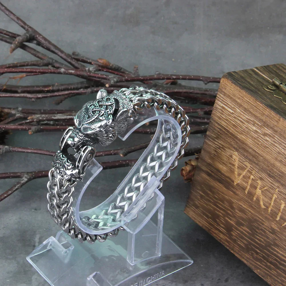 Men's Nordic warrior Viking Hunter Bracelet, antique silver stainless steel, inspired by ancient mythology.