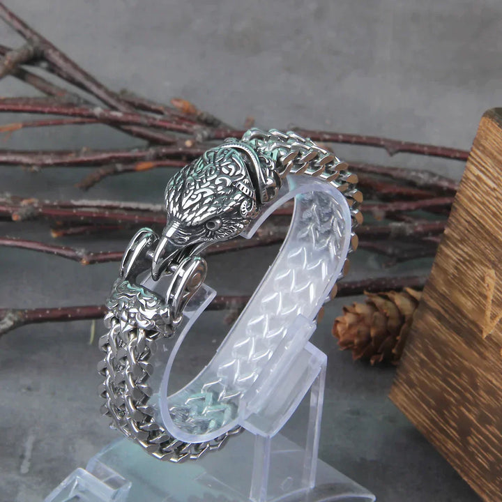 Rugged Men's Viking Hunter Bracelet, unique Nordic design in antique silver stainless steel, powerful statement.