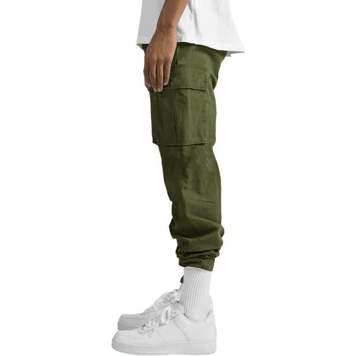 Front view of Vincent men's cargo joggers made from soft cotton fabric.